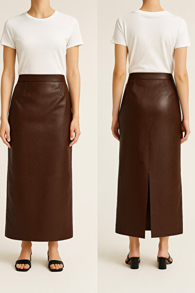 AL&SU BUTİK Women's Leather Skirt with Slit at the Back