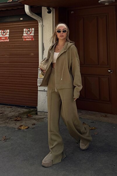 Swist Haki Çimalı Kapüşonlu Hırka-Pantolon Oversize Kadın Triko Alt Üst Takım