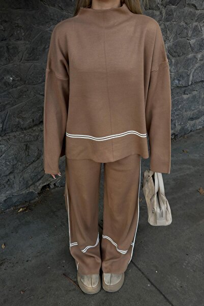 Swist Mink Step Stripe Detailed Stand Collar Long Back Sweater-Pants Women's Knitwear Bottom-Top Set