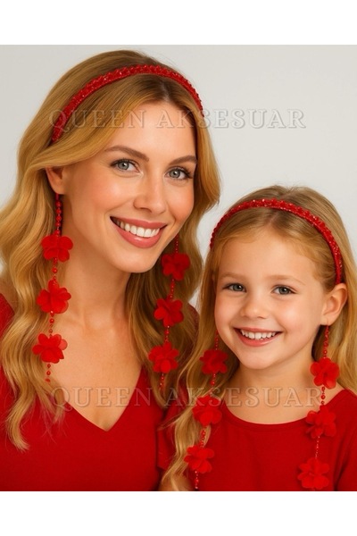 QUEEN AKSESUAR Double Pendant Flower Crystal Beaded Metal Crown Special Day Crown Female Child Red