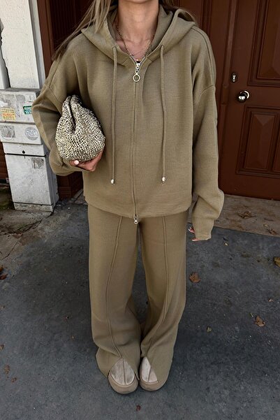 Swist Haki Çimalı Kapüşonlu Hırka-Pantolon Oversize Kadın Triko Alt Üst Takım