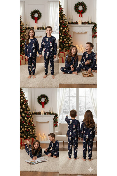 İsobel İDEAL SEPET-Lacivert Yeni Yıl Desenli %100 Pamuk Kız ve Erkek Çocuk Pijama Takımı 3-13 Yaş