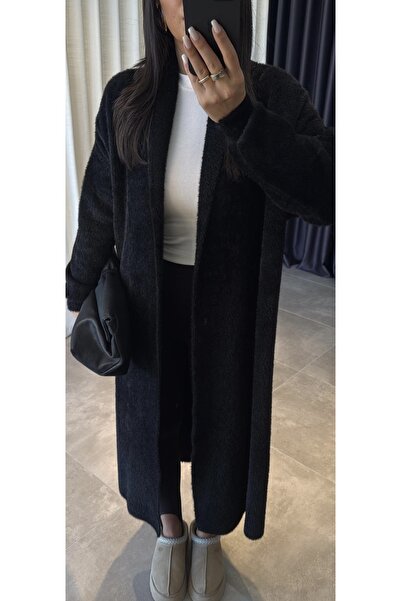 LUMİ Kadın Siyah Uzun Peluş Dokulu Triko Hırka