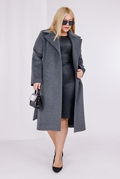 Mooi XXL Women's Gray Wool Cashmere Belt and Lining Detail Plus Size Coat