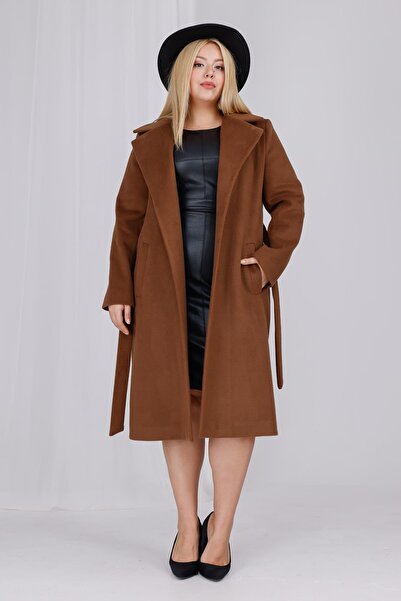 Mooi XXL Women's Brown Wool Cashmere Belt and Lining Detail Plus Size Coat