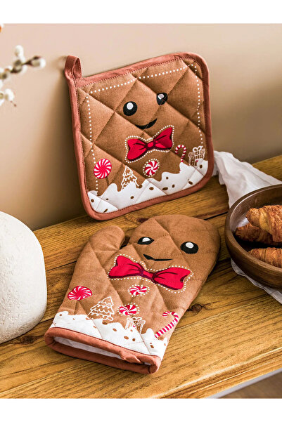 LC Waikiki Lcw Home Brown Yebu Printed Oven Mitts and Gloves