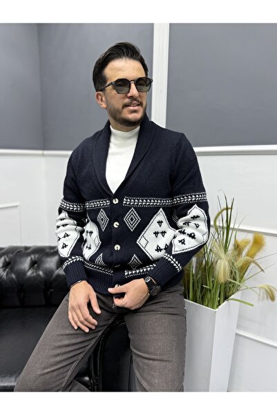 Avni Ceylan Retro Patterned Shawl Collar Men's Knitwear Cardigan