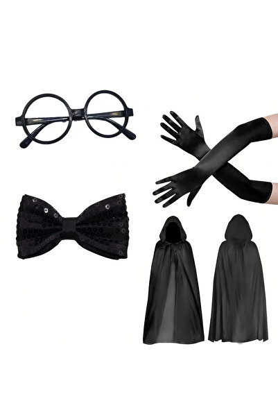 Glowify Store BUĞZ Siyah Kapüşonlu Büyücü ve Cadı Pelerin Kostüm Seti (4 Parça)