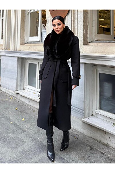 Larenmoda Uzun kürk yaka bağlamalı kaşe kaban