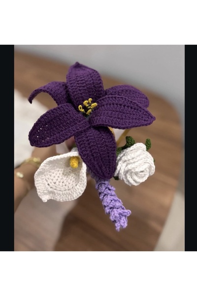 Mavi Masal Solmayan Çiçek 4lü Buket | Zambak Gala Çiçeği Gül Lavanta |