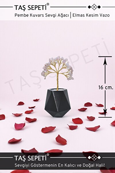 TAŞ SEPETİ Pembe Kuvars Doğal Taşlı Enerji Ağacı | Elmas Kesim Siyah Vazo | E...