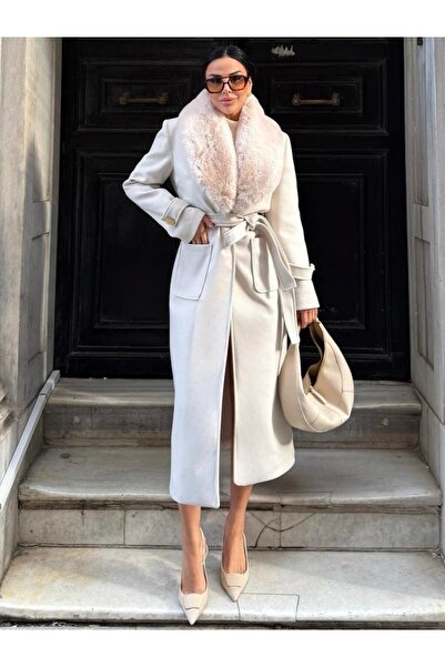 Larenmoda Uzun kürk yaka bağlamalı kaşe kaban