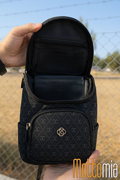 ENOY Unisex Siyah Monogram Desenli Çapraz Göğüs Çantası Vegan Deri Günlük Spor Çanta