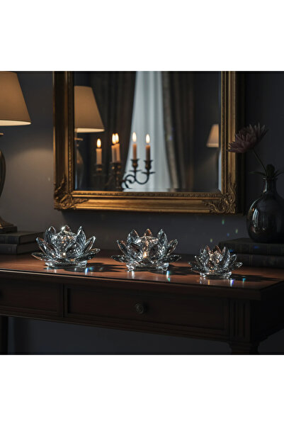 Hinora Kristal Model Füme Lotus Çiçek Dekoratif Süs 3Lü Set (Büyük-Orta-Küçük)