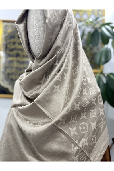GÜMRÜKÇÜ LV Desen Vizon Bej Renk Pamuklu İthal Kaşmir İpek Şal Premium Kalite