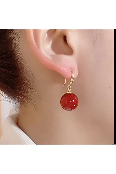 ORGANICYOU YIWUSHI Kırmızı Top Kolye Küpe - Parlak Derin Kızıl Renkli Yuvarlak Boncuklar ve Altın Tonlu Askı