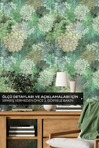 Pluswall Suluboya Efektli Sukulentler Kendinden Yapışkanlı Duvar Kağıdı, Çok ...