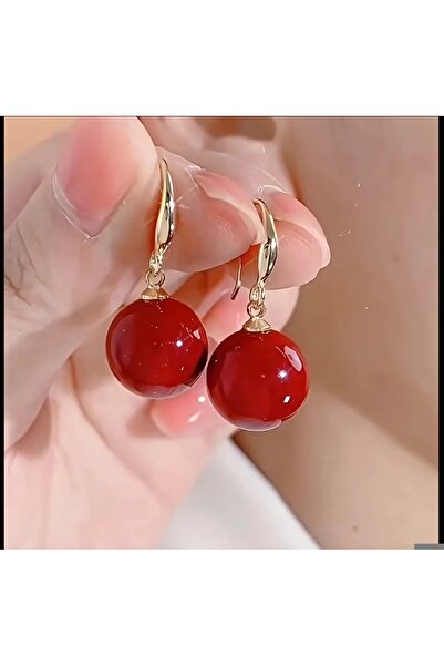 ORGANICYOU YIWUSHI Kırmızı Top Kolye Küpe - Parlak Derin Kızıl Renkli Yuvarlak Boncuklar ve Altın Tonlu Askı