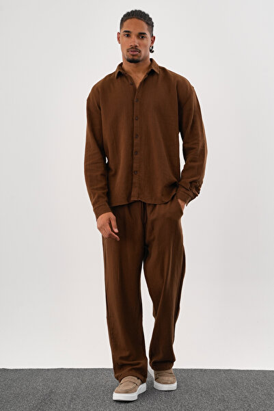 Redline Flare Winter Baggy Pants Oversize Shirt Bottom Top Set 100% Cotton Coffee