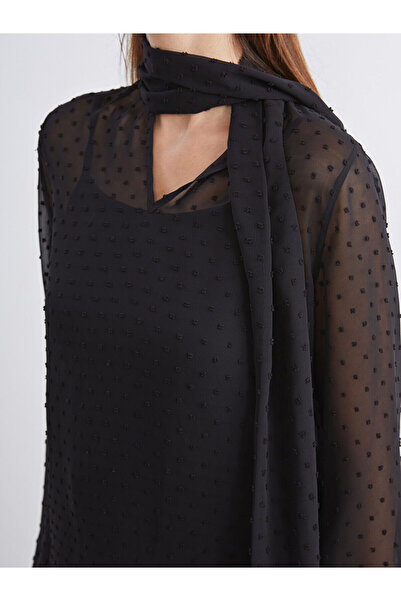 LC Waikiki Soulife Black Shawl Collar Polka Dot Chiffon Blouse and Undershirt