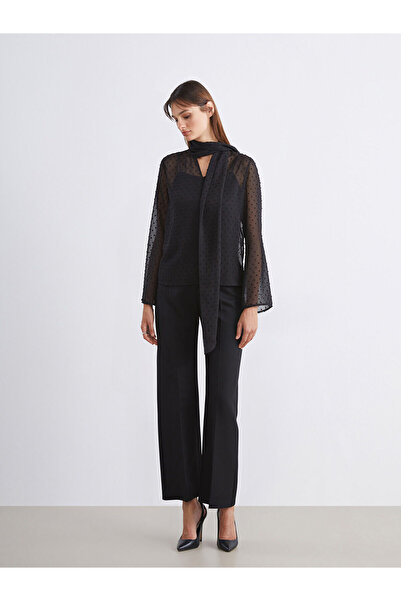 LC Waikiki Soulife Black Shawl Collar Polka Dot Chiffon Blouse and Undershirt