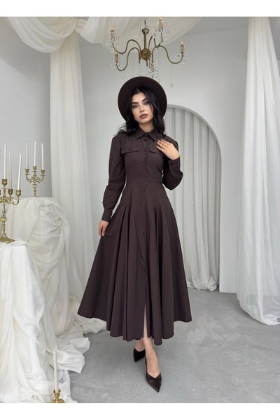 ETİKAFASHION Poplin Pileli Uzun Gömlek Elbise