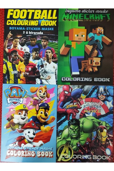 ada çanta kırtasiye 4 adet stickerli boyama kitabı (Minecraft/Futbol/Paw patr...