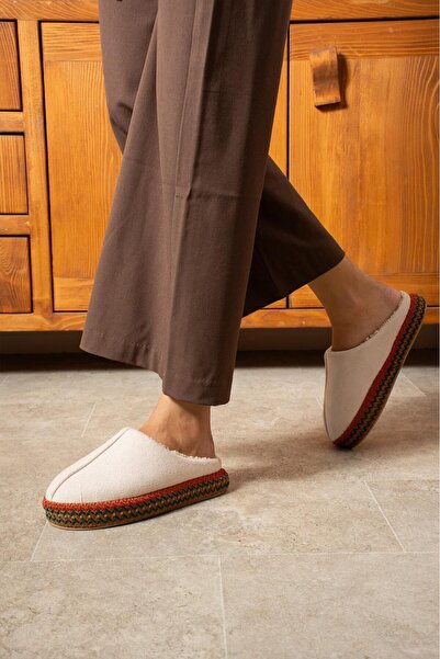 SUNSTEP Γυναικείες παντόφλες για το σπίτι με ψηλή σόλα Gondola με γούνα στο εσωτερικό και ρίγες σε μπεζ χρώμα