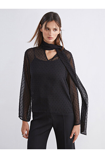 LC Waikiki Soulife Black Shawl Collar Polka Dot Chiffon Blouse and Undershirt