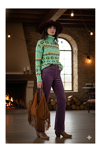 Namaste Vintage Mint Green Patterned High-Neck Sweater