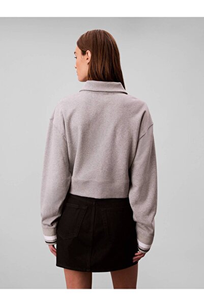 Calvin Klein Kadın Marka Logolu Pamuk Karışımlı Yarım Fermuarlı Şık Görünümlü Gri Sweatshirt LVGWF5W