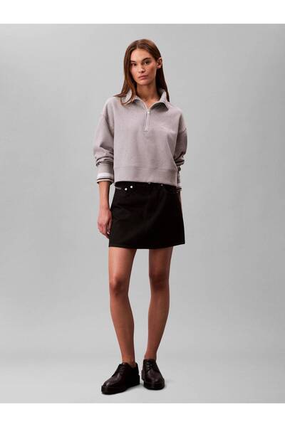 Calvin Klein Kadın Marka Logolu Pamuk Karışımlı Yarım Fermuarlı Şık Görünümlü Gri Sweatshirt LVGWF5W