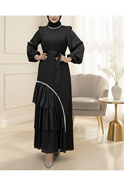 Modamorfo Crepe Dress with Satin Detail, Stone Belt on the Collar and Skirt - Black