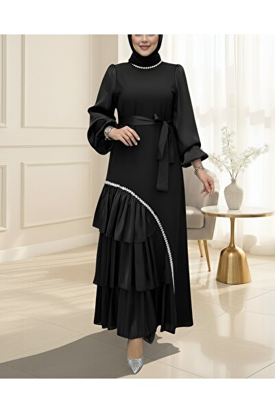 Modamorfo Crepe Dress with Satin Detail, Stone Belt on the Collar and Skirt - Black