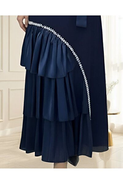 Modamorfo Crepe Dress with Satin Detailing, Stone Belt on the Collar and Skirt - Navy