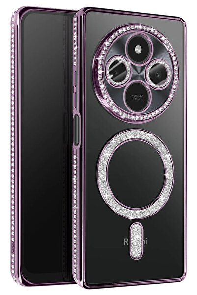 Nezih Case Redmi 14C Uyumlu Taşlı Magsafe Şarj Özellikli Kamera Korumalı Simli Kılıf