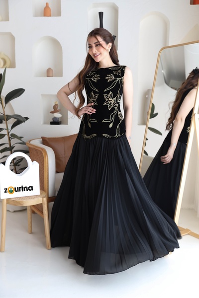 zourina فستان سهره نسائي طويل صدر مخمل لون اسود