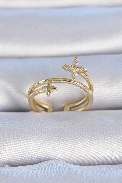 Skygo خاتم نسائي نحاسي ذهبي اللون بحجر الزركون على شكل نجمة - TJ-BYK3328