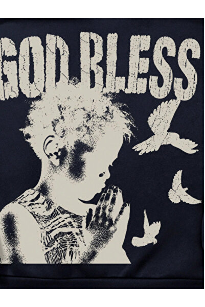 MOONBULL Ünisex God Bless Baskılı Kapüşonlu Fermuarlı Üç İplik Pamuklu Kışlık Sweatshirt