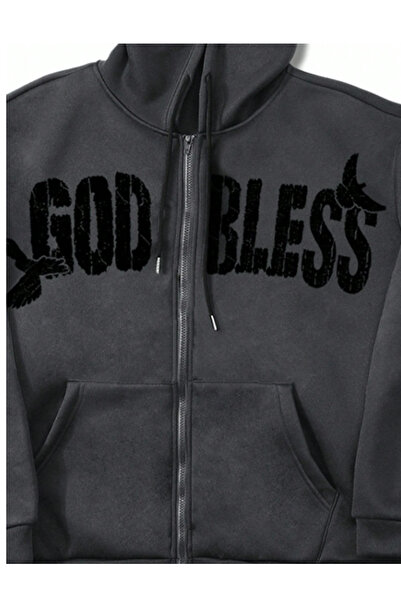 MOONBULL Ünisex God Bless Baskılı Kapüşonlu Fermuarlı Üç İplik Pamuklu Kışlık Sweatshirt