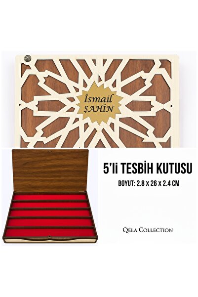 QELA COLLECTION Kişiye Özel İsimli 5 Bölmeli Tesbih Kutusu – Ahşap Hediye Kut...