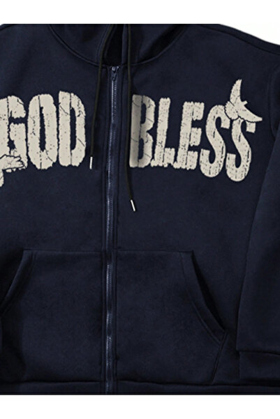 MOONBULL Ünisex God Bless Baskılı Kapüşonlu Fermuarlı Üç İplik Pamuklu Kışlık Sweatshirt