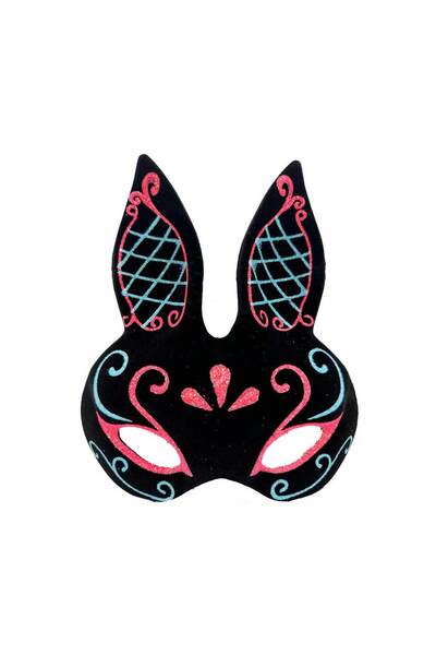 Skygo قناع أرنب أسود اللون أزرق أحمر لامع أسود من جلد الغزال 18x16 سم