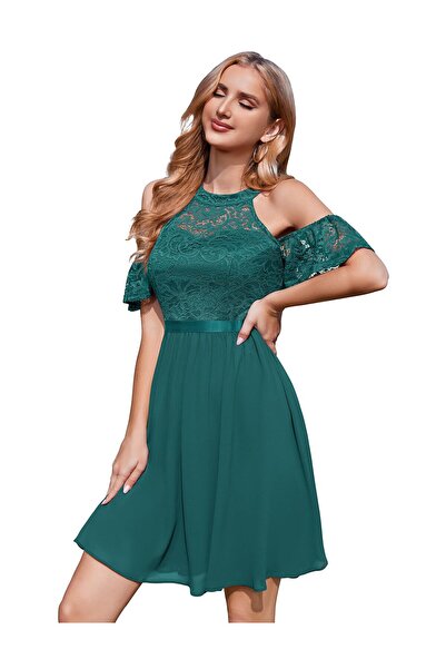 BeryLove Rochie de seară verde cu guler halter și linie A, scurtă, tip bal