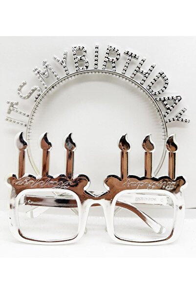 Skygo It's My Birthday Written Crown and Candle Shaped Glasses Set Silver Color