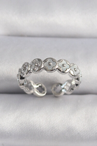 Skygo خاتم نسائي نحاسي فضي اللون أبيض بيرليسسينت نموذج البرسيم - TJ-BYK3497