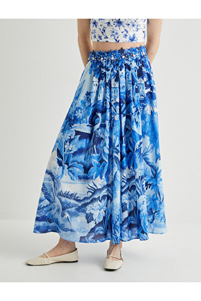 Koton Women's Blue Floral Long Skirt