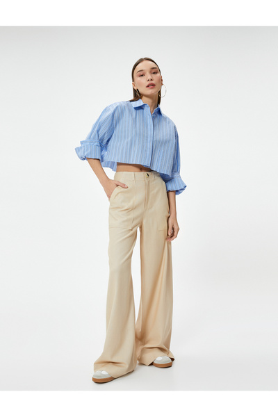 Koton Women's Beige Wide Leg Linen Pants