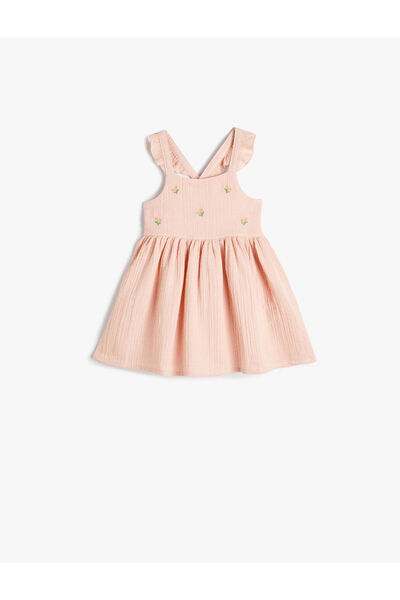 Koton Baby Girl's Pink Strappy Dress Ruffled Cotton