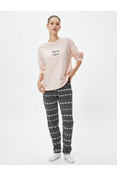 Koton Crew Neck Printed Cotton Long Sleeve Pyjama Set